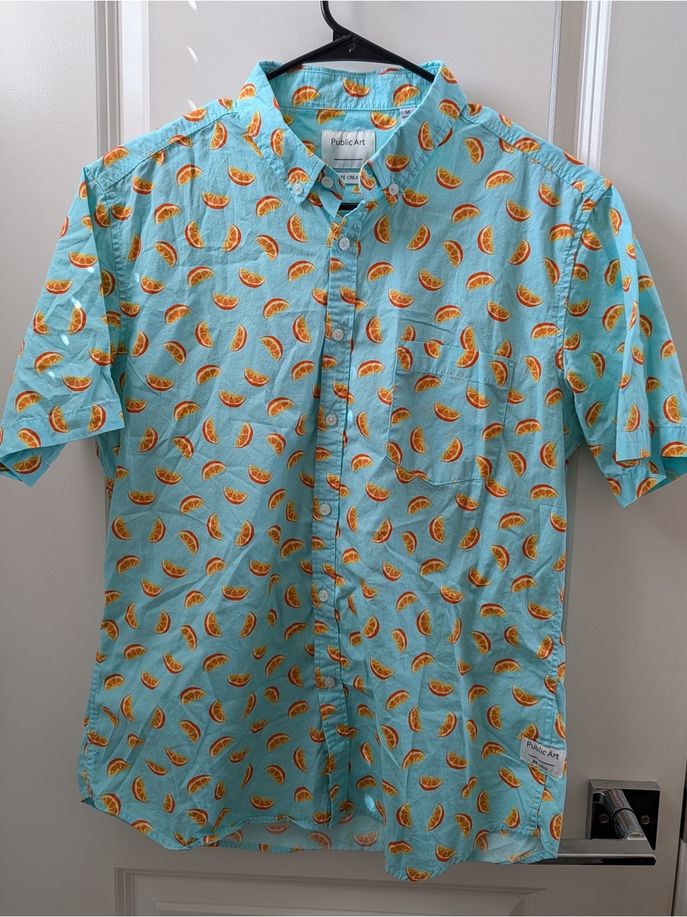 Public Art Aqua Orange Slice Pattern Button Up Short Sleeve Shirt